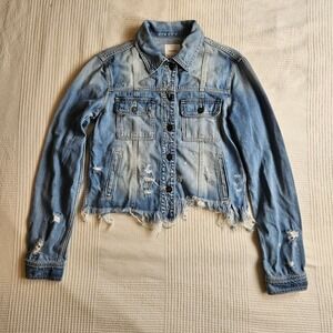 HIDDEN Distressed Streetwear Denim Jean Jacket Frayed Raw Hem Cropped Women S